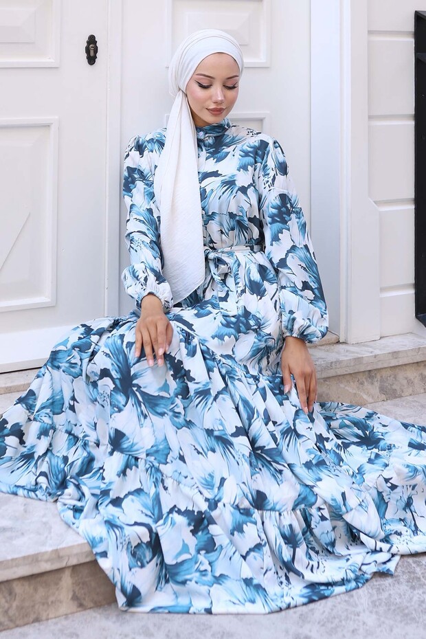 Patterned Hijab Dress Navy Blue 561