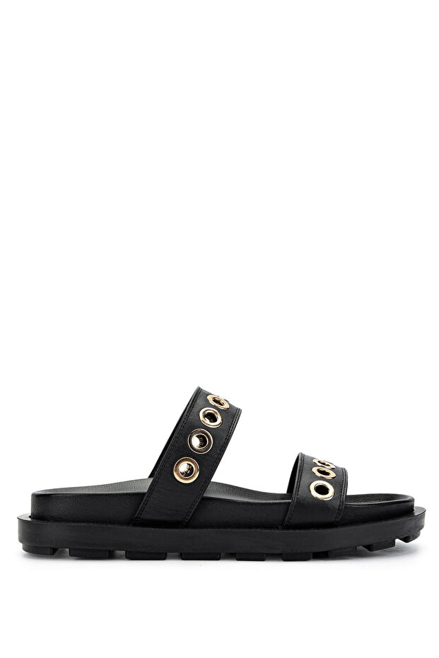 Women's Genuine Leather Black Flat Slippers