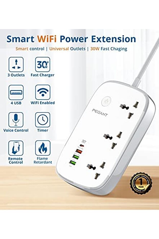 PEGANT Wifi Smart Power Strip Extension Cord Surge Protector Socket Multi Plug, Compatible with Alex - 4