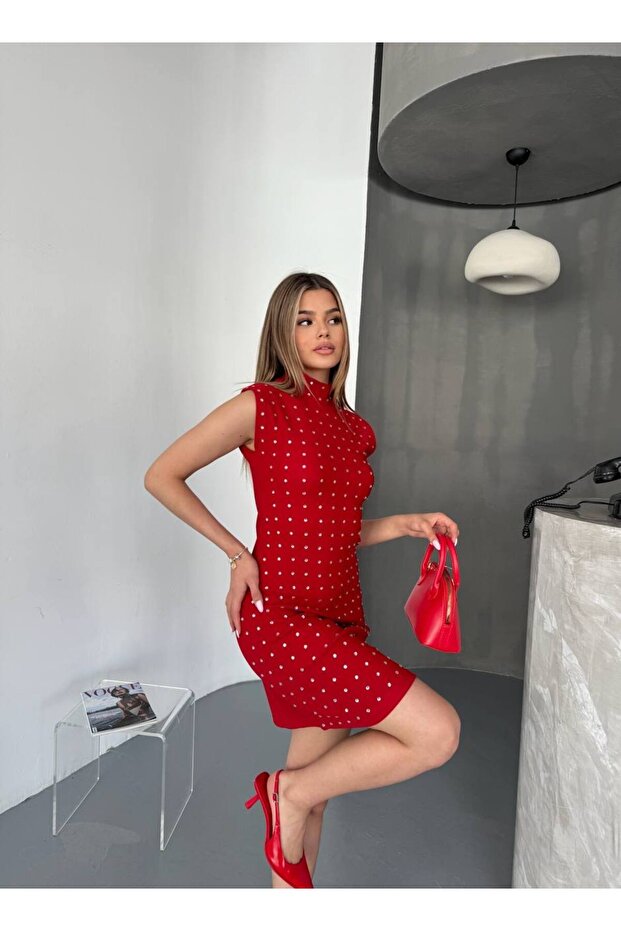 Taşlı Kadın Ottoman Mini Elbise - 8