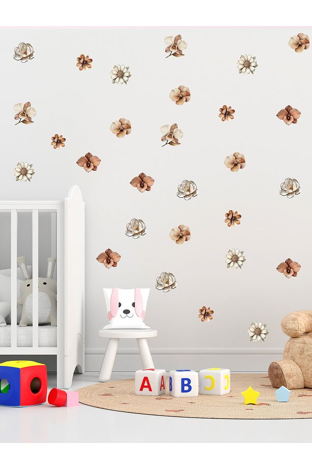 Soft Kahverengi ve Beyaz Tonlarda Çiçekler, Cam, Duvar Sticker, 30 x 100, 72 Adet Çiçek - 2