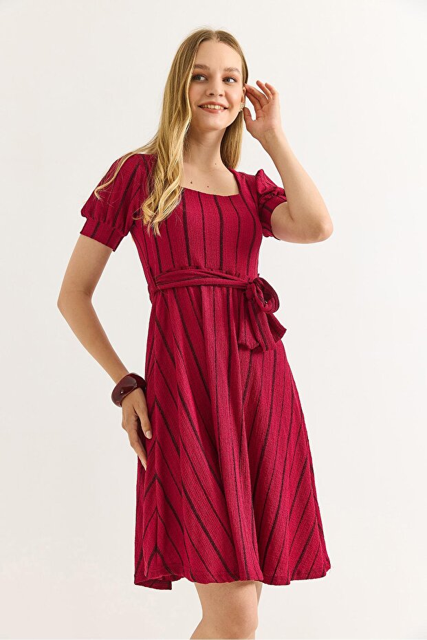 Square Collar Wrinkle Fabric Midi Length Belted Burgundy Dress