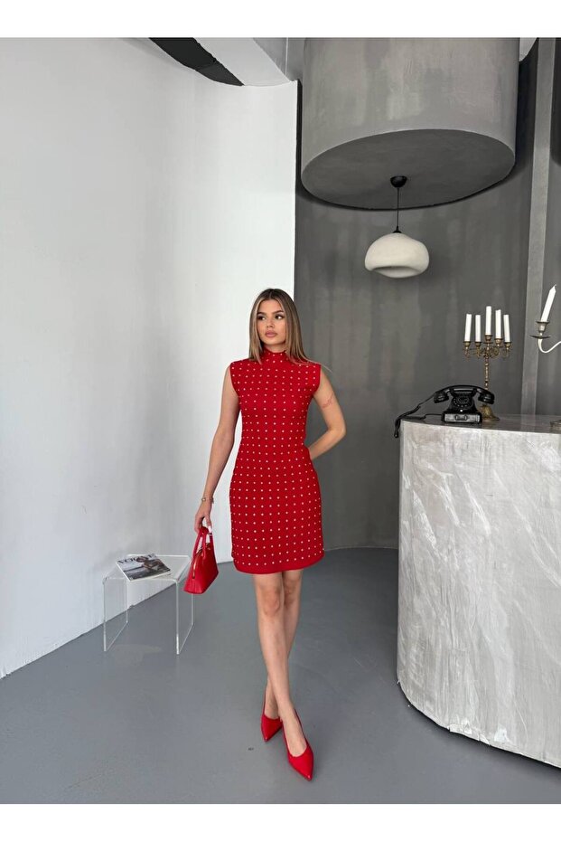 Taşlı Kadın Ottoman Mini Elbise - 6