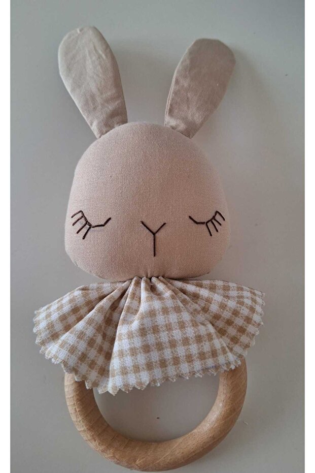 Rabbit Teether Handmade, Beige & Beige Gingham Color 100% Cotton Fabric, 100% Natural Wood