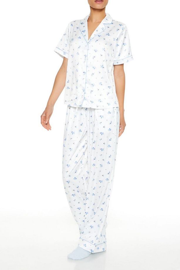 Çiçek Desenli Gömlek ve Pijama Altı Takımı - 5