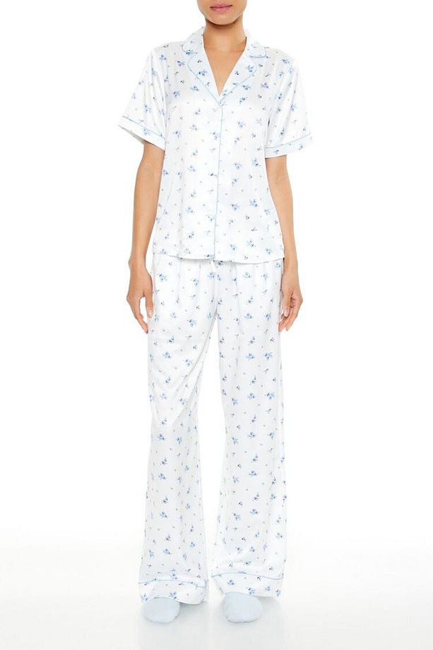 Çiçek Desenli Gömlek ve Pijama Altı Takımı - 2