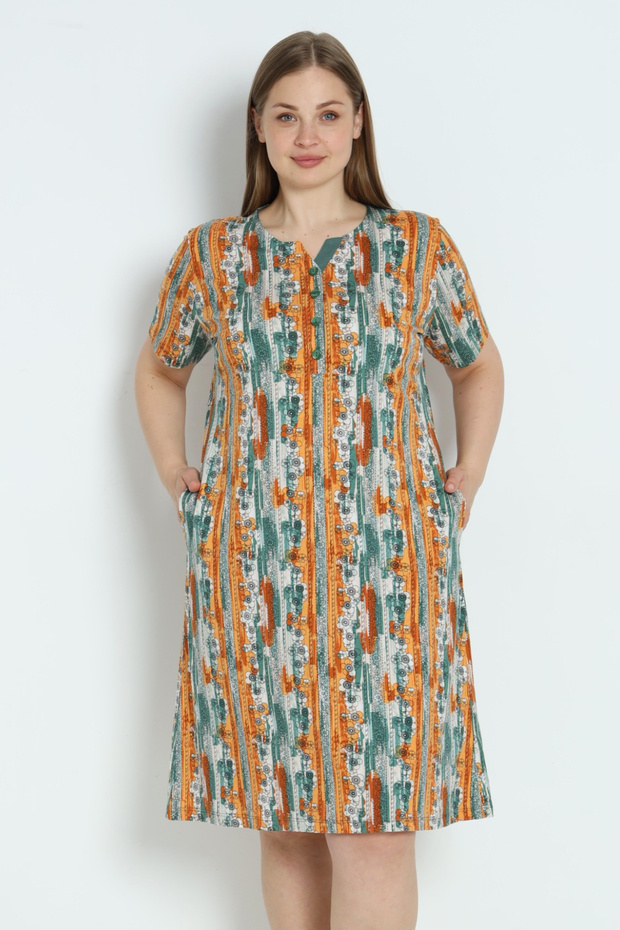 Women's Plus Size Patterned Pocket Button Cotton Dress