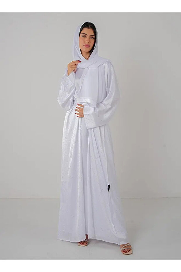 White Satin Bling Open Abaya 3 pieces Set