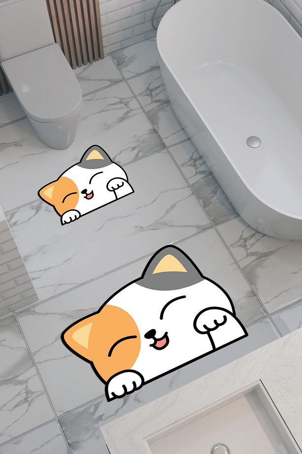 Kedi Desenli Eko Banyo Paspası, Kaymaz Taban, Makinada Yıkanabilir, Dijital Baskı 2'li Set - 1