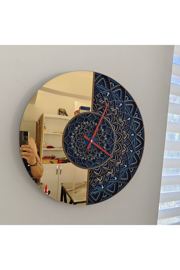 Lüks Mandala Aynalı Duvar Saati – El Yapımı Ahşap Parlak Gold Pleksi, Modern Boho Dekor (Çap: 52 cm) - 5
