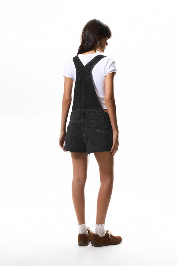 Yırtık kısa denim salopet - 4