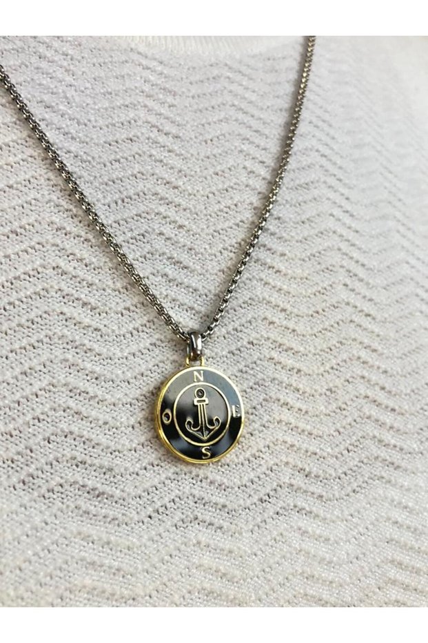 Black Enameled Anchor Figured Compass Model White Color Steel Necklace Gift for Lover, Husband, Father