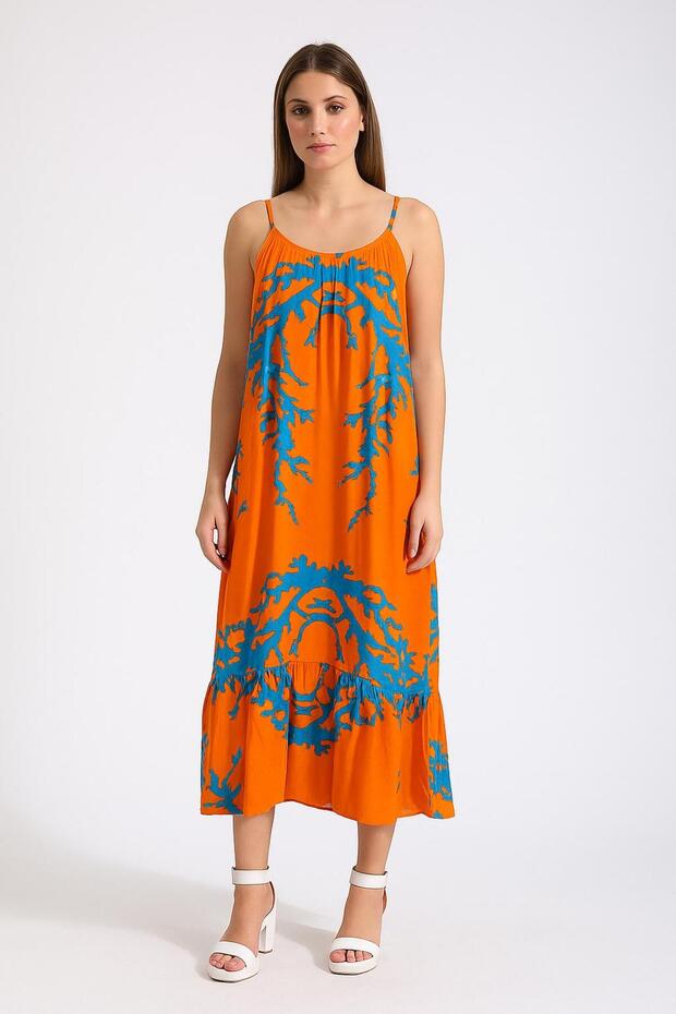 Women's Rope Strap Coral Pattern Viscose Fabric Long Dress