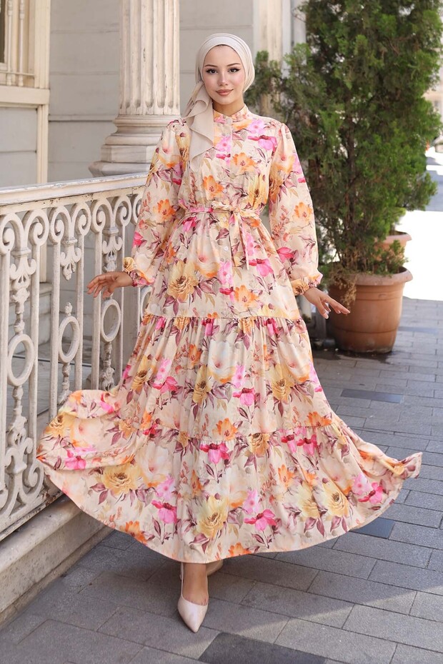 Patterned Hijab Dress Yellow 572
