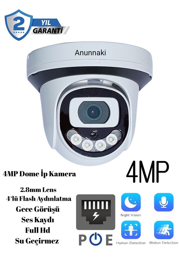 4Mp 4k Dome IP Kamera 2.8mm Geniş Açılı Gece Görüşlü Mikrofonlu Ses Kayıtlı Onvif Led Aydınlatmalı - 1
