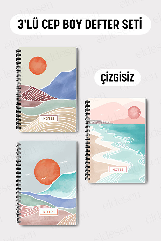Set of 3 Pocket Size A6 Spiral Unlined Notebooks, Cardboard Cover 10X14 Cm, 50 Sheets 100 Pages