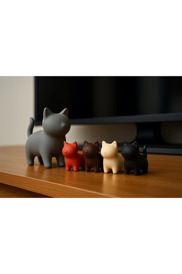Minimalist 3D Kedi Biblo Seti – Anne Kedi & 4 Renkli Yavru Figür Dekorasyon - 3