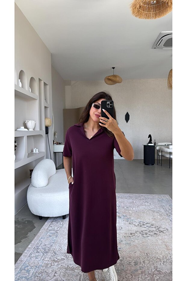 Bordo Pike Modal Yakalı Basic Elbise - 2