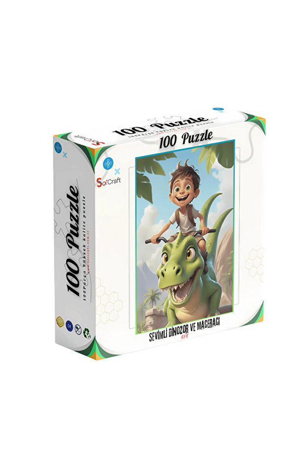 100 Parça Puzzle Çift Tasarım Tek Kutu Dinozor T-rex - 2