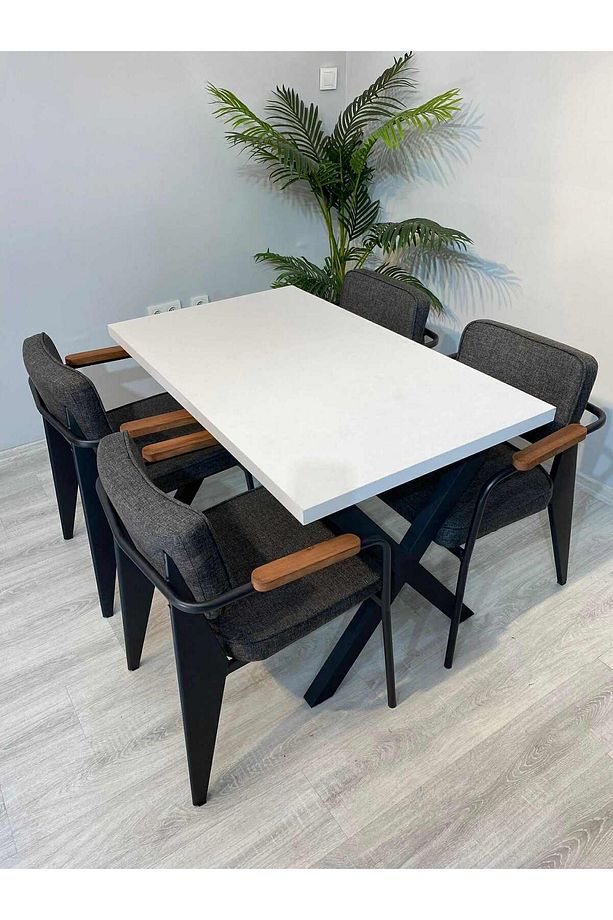 Cafe Restoran Masa Sandalye Takımı 120x70 Mdf Masa 4 Adet Keten Kumaş Ergo Sandalye - 3