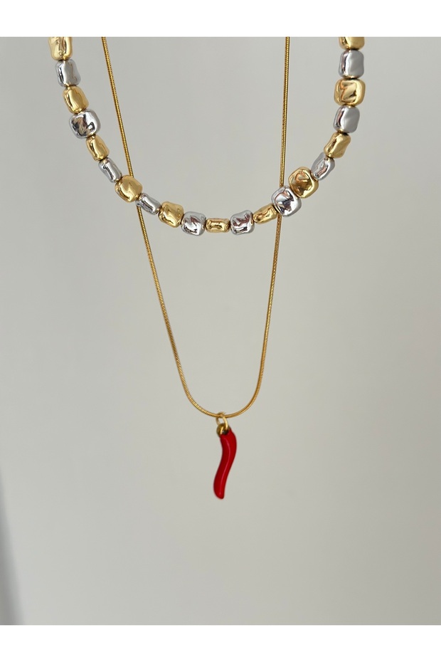 Pebble Necklace and Steel Red Pepper Necklace. Luck Necklace. Abundance Necklace