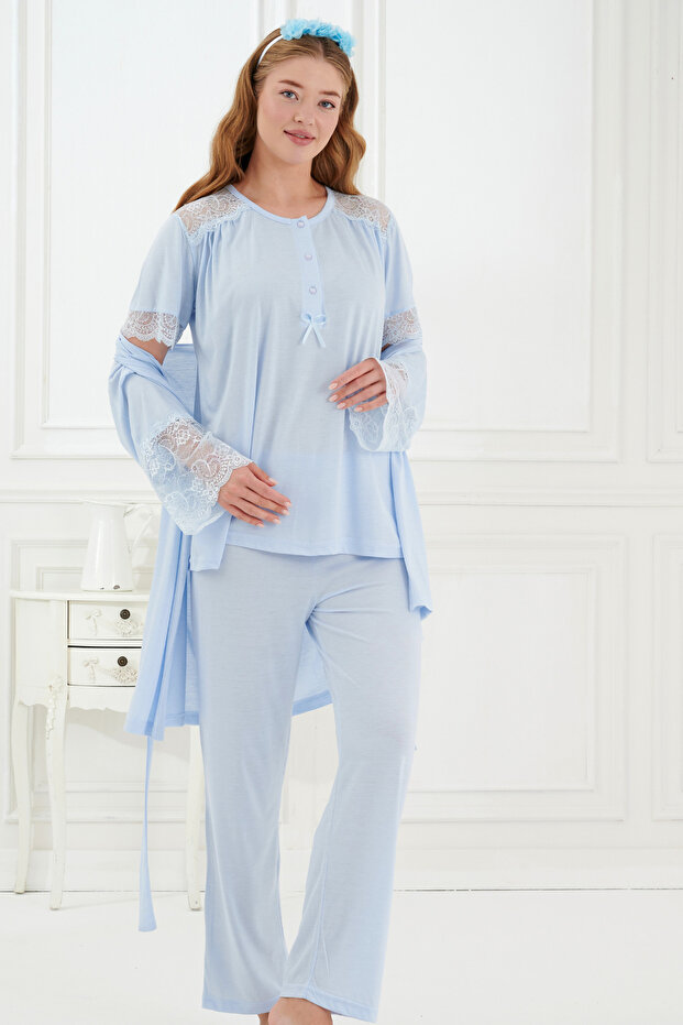3-Piece Maternity Pajama Set with Lace and Morning Dress