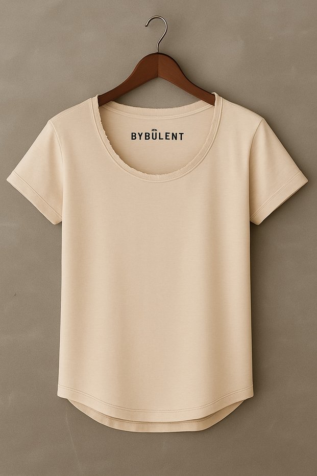 Men's Beige Slim Fit Special Production Wide Collar Bottom Oval Cut Slim T-Shirt T-Shirt