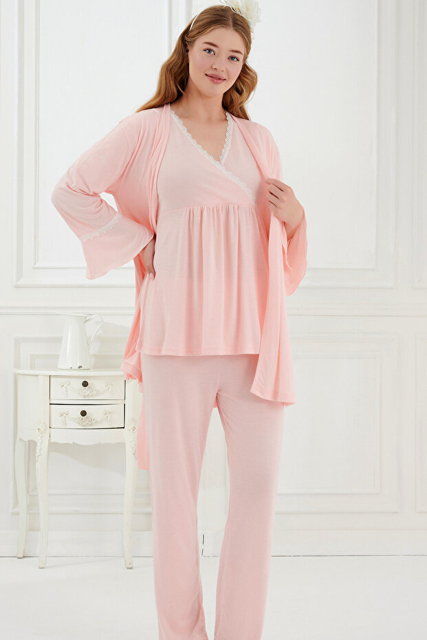 3-Piece Maternity Pajama Set with Lace and Morning Dress