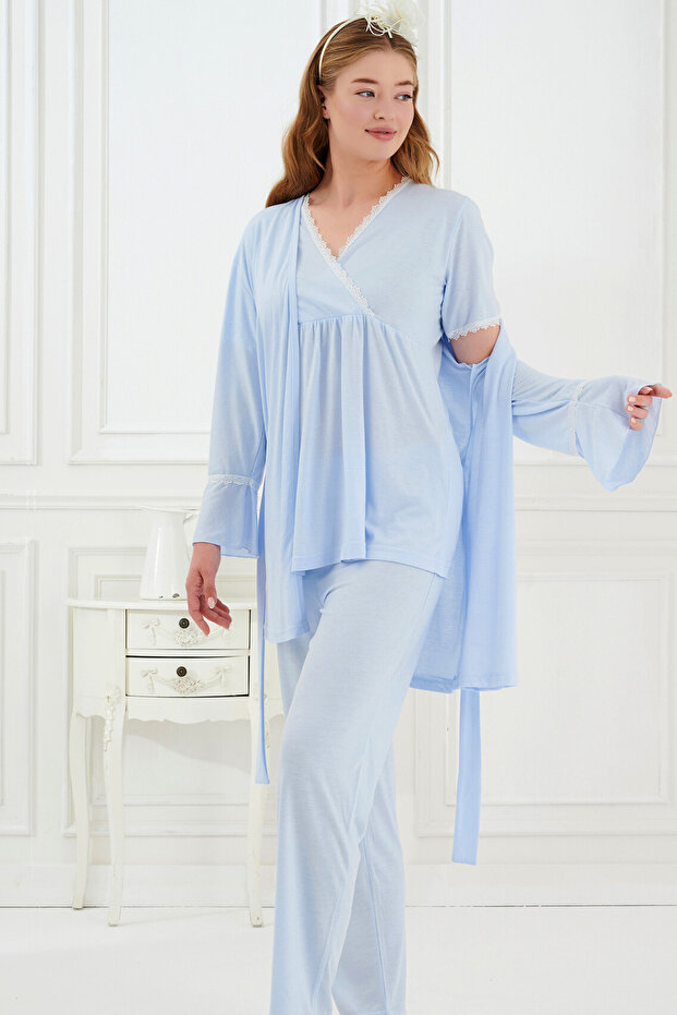 3-Piece Maternity Pajama Set with Lace and Morning Dress