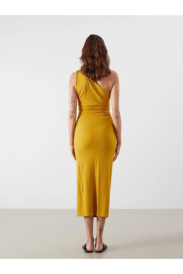 LCW Vision Sari Tek Omuz Büzgülü Bodycon Elbise - 3