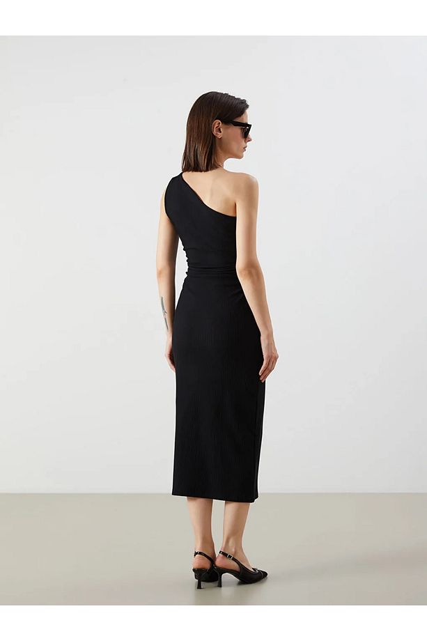 LCW Vision Siyah Tek Omuz Büzgülü Bodycon Elbise - 3