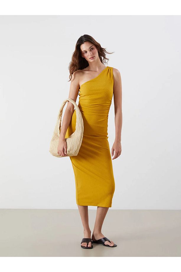 LCW Vision Sari Tek Omuz Büzgülü Bodycon Elbise - 1