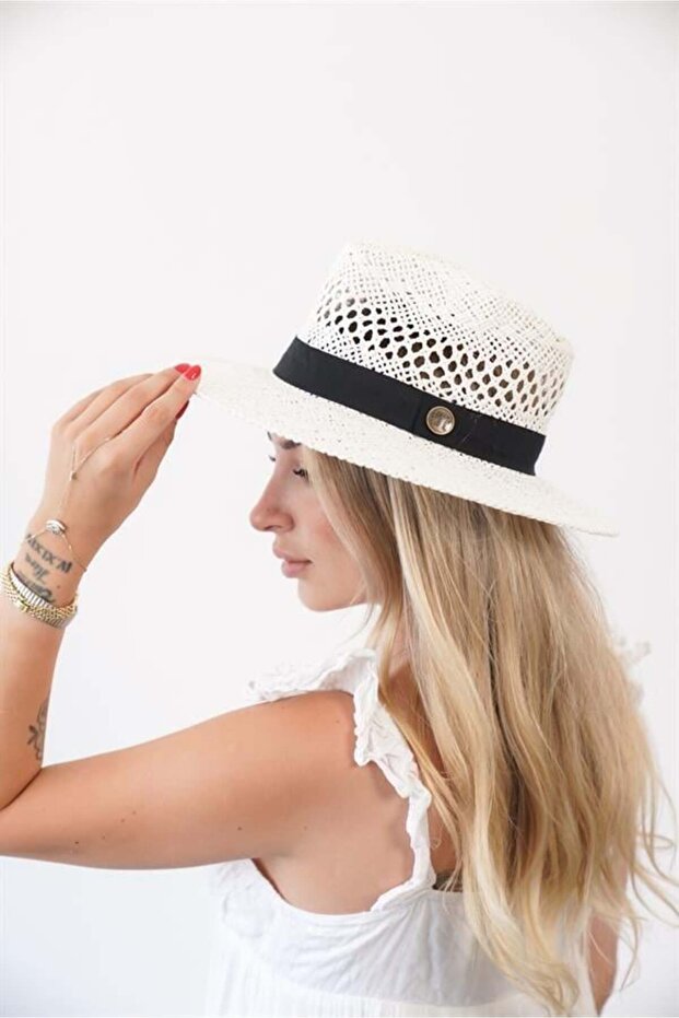 Women's Mdre White Perforated Breathable Straw Hat