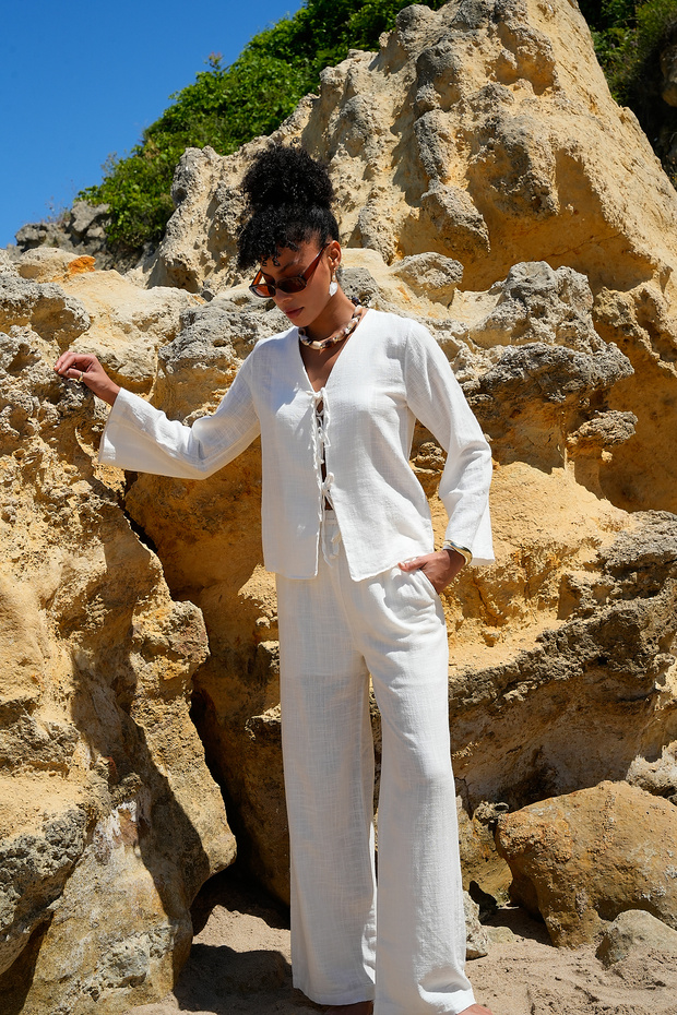 بلوزة كتان بربطة عنق أمامية من الكتان - 4