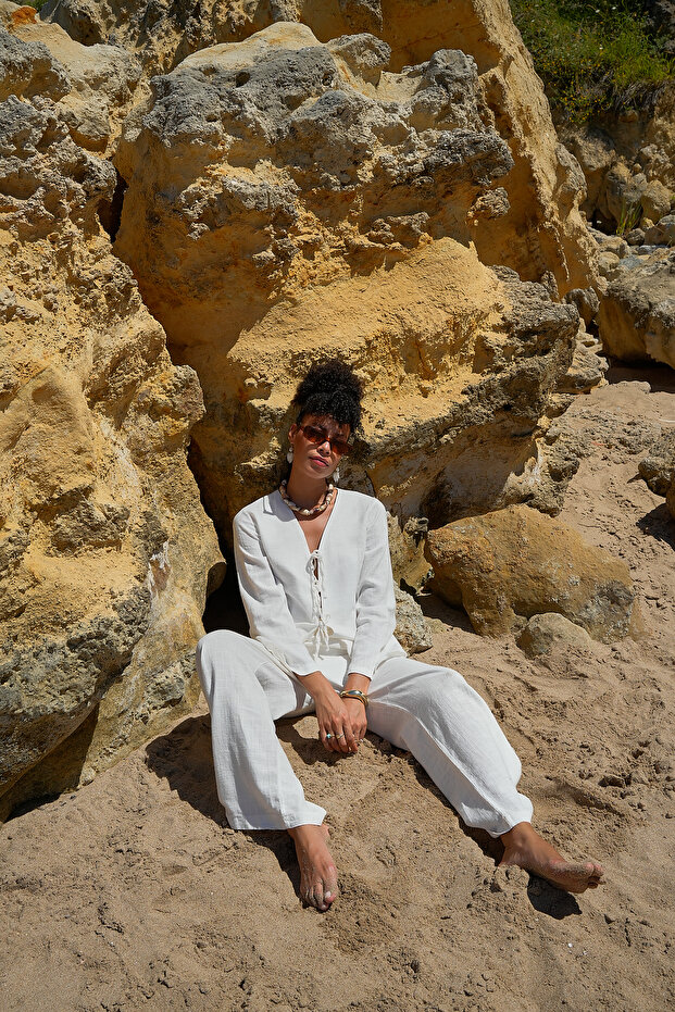 بلوزة كتان بربطة عنق أمامية من الكتان - 6