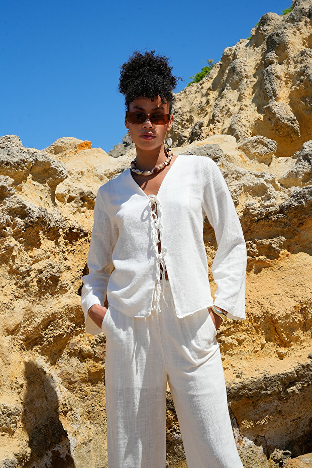 بلوزة كتان بربطة عنق أمامية من الكتان - 1