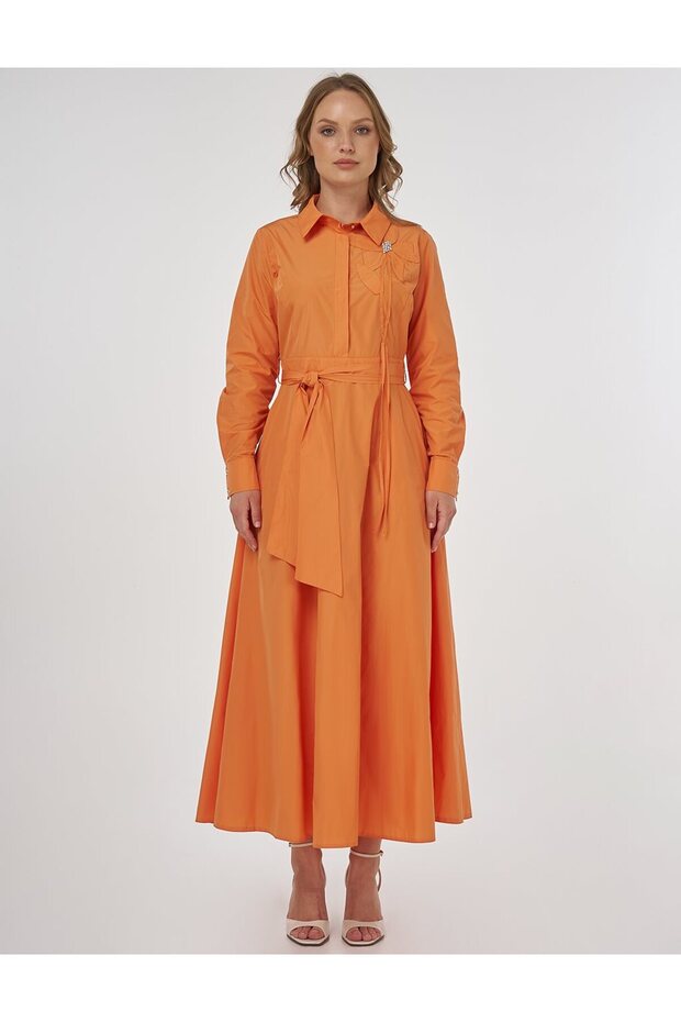 Aplikeli Tafta Elbise Şeftali - 2