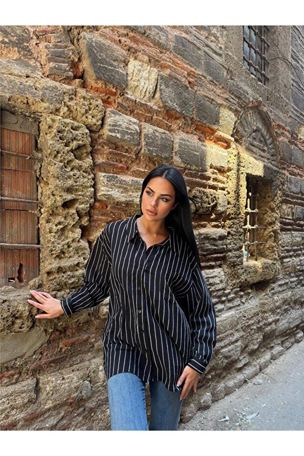 Black Striped Oversize Cotton Buttoned Shirt