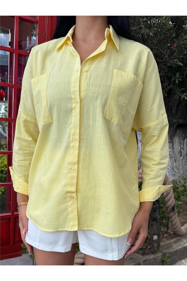 Sarı Oversize Cepli Pamuklu Polyester Gömlek - 1
