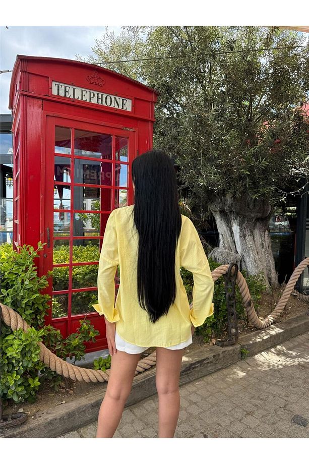Sarı Oversize Cepli Pamuklu Polyester Gömlek - 3