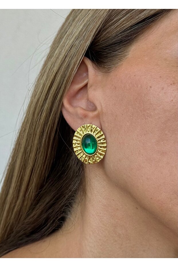 Sihra Accessories Steel Nail Model Oval Green Color Earrings