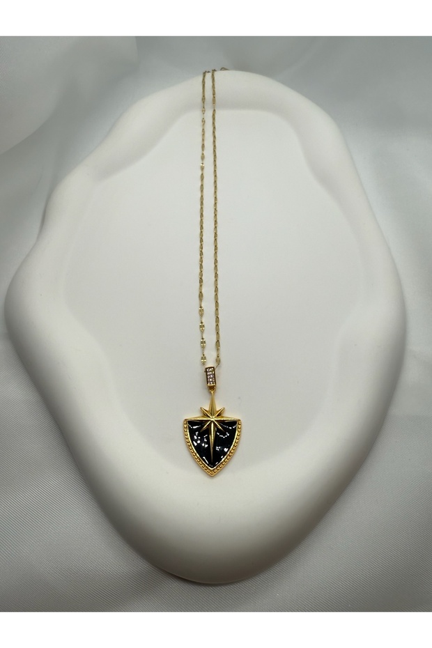 Black Enamel Polar Star Detailed Zircon Stone Shield Charm Gold Gold Color Steel Necklace
