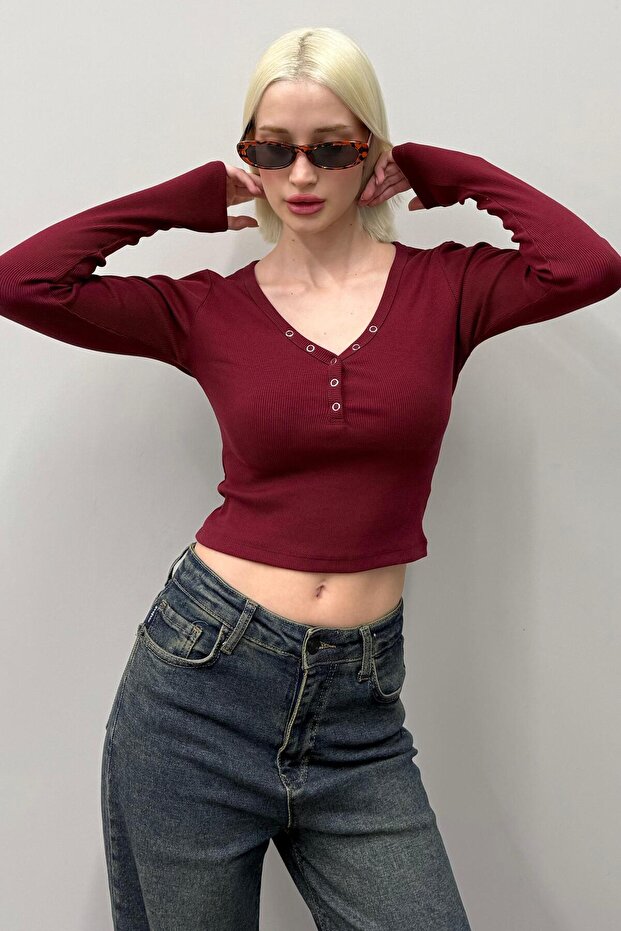 Burgundy V-Neck Long Sleeve Button Detail Camisole Bodysuit Mg2194