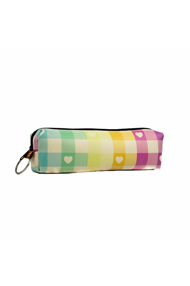 Hearted Checkered Design Zippered Pen Holder - Single Compartment Pen Holder Pencil Case