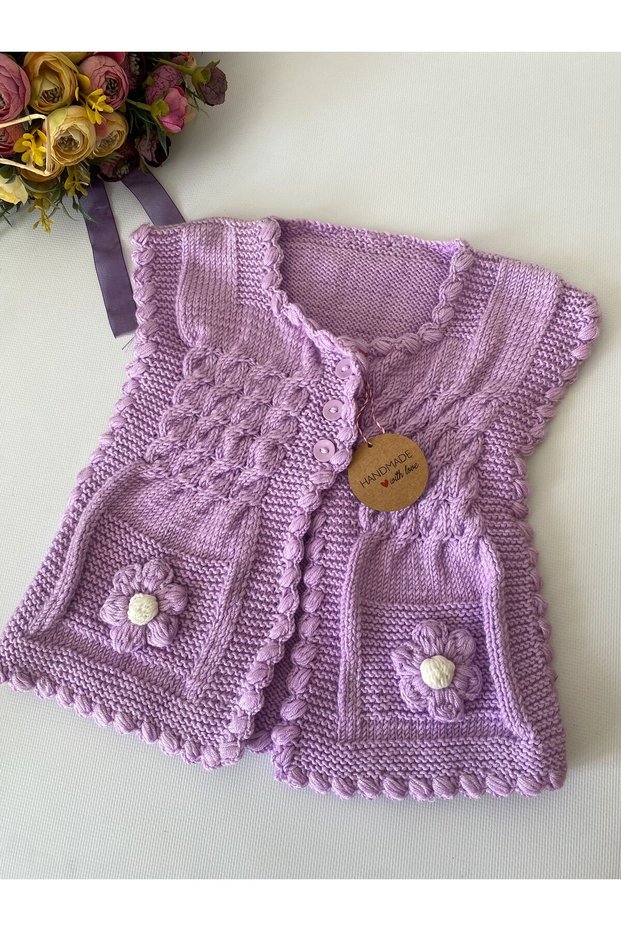Hand Knitted Lilac Floral Baby Vest | Handmade | Baby Girl