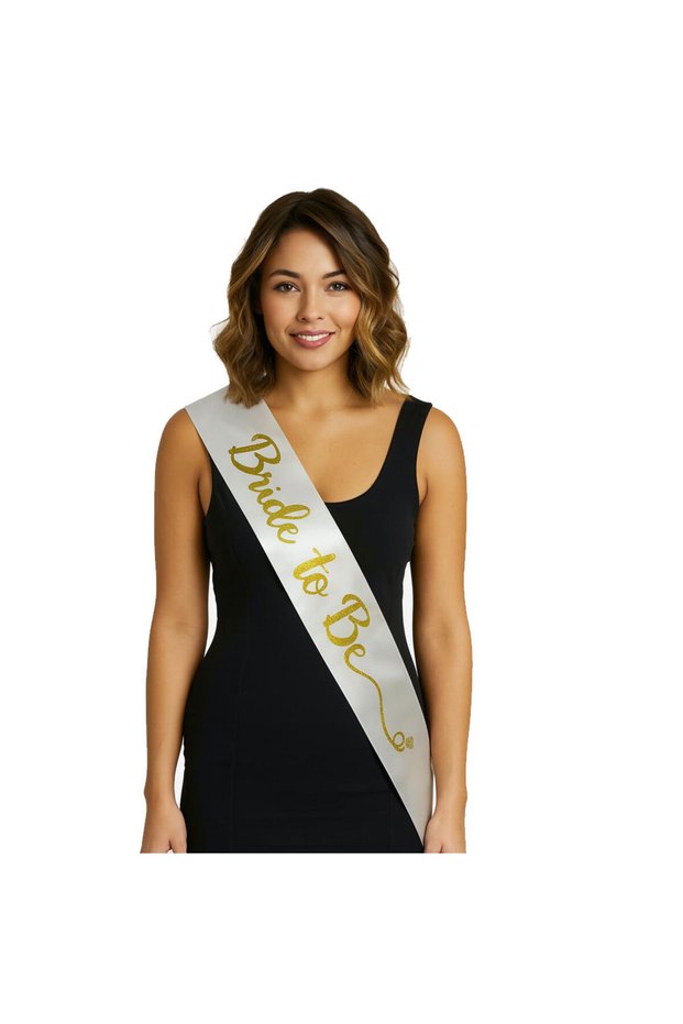 Handwritten Italic Gold Bride to Be Sash on White Satin