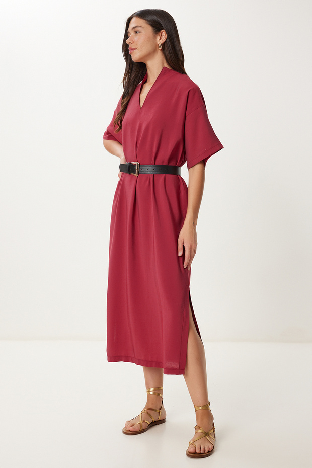 Women's Burgundy Belted Slit Summer Modal Dress No00028