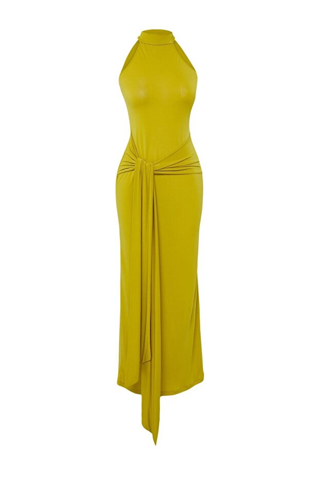 Yağ Yeşili Kuşak Detaylı Halter Yaka Bodycone/Vücuda Oturan Esnek Maxi Örme Elbise TWOSS25EL00689 - 5