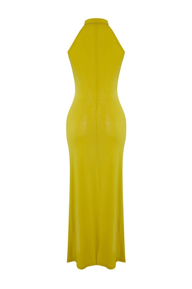 Yağ Yeşili Kuşak Detaylı Halter Yaka Bodycone/Vücuda Oturan Esnek Maxi Örme Elbise TWOSS25EL00689 - 6