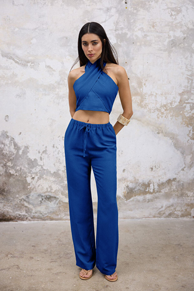 Indigo Keten İçerikli Dokuma Bluz Pantolon Alt-Üst Takım TWOSS25AU00108 - 2